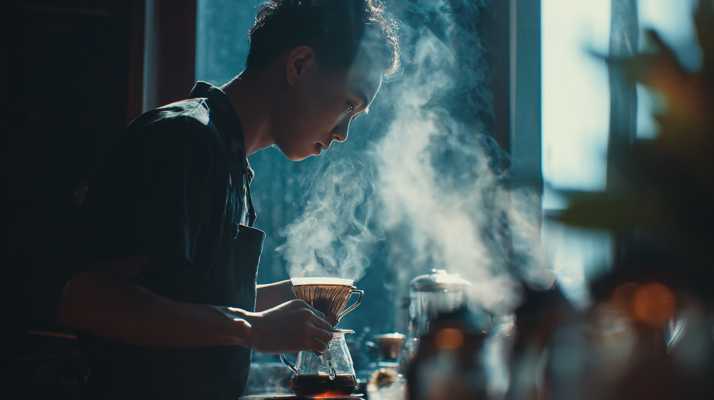 Young Indonesian barista preparing specialty coffee.