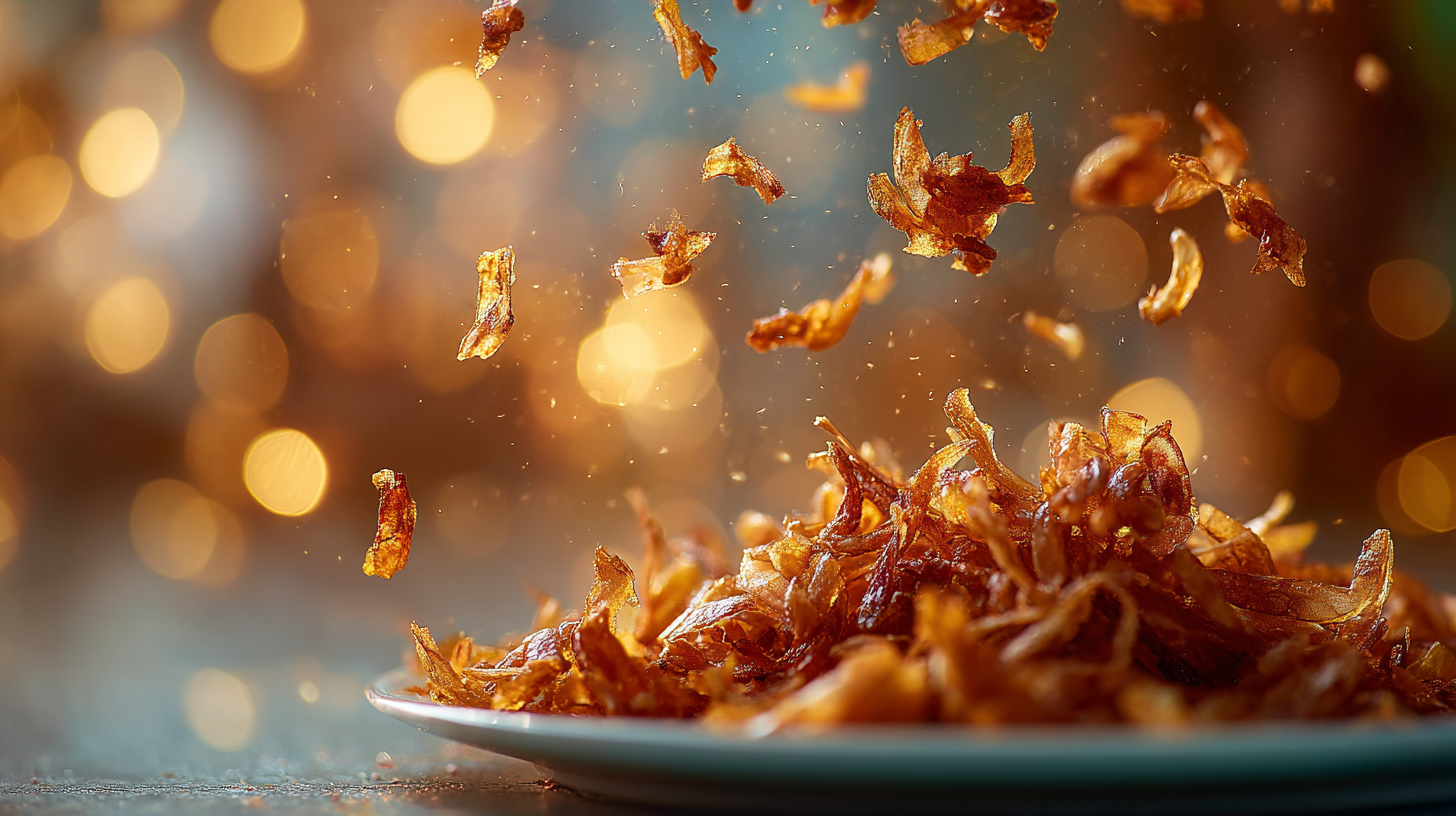 Close-up of crispy fried shallots falling onto Indonesian food.