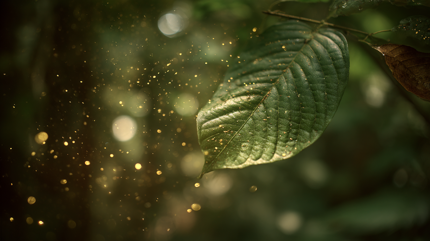 Close-up of sunlight illuminating a rainforest leaf.
