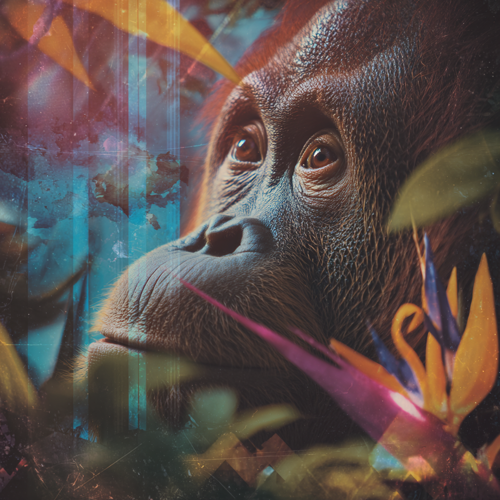 Close-up of an orangutan’s expressive eyes with blurred rainforest background.