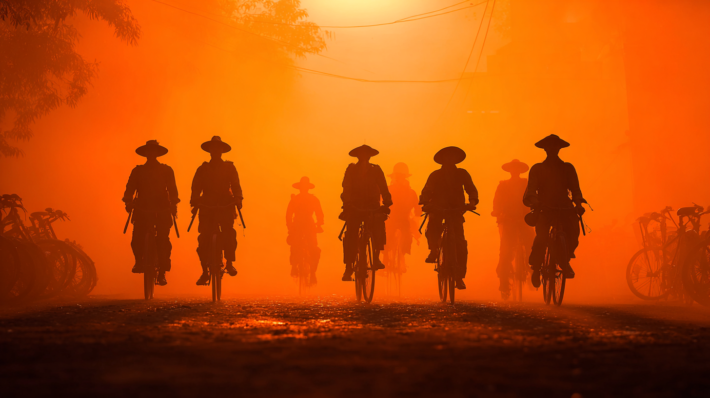 Silhouettes of Indonesian militias walking at dawn, symbolizing the dramatic changes of World War II.