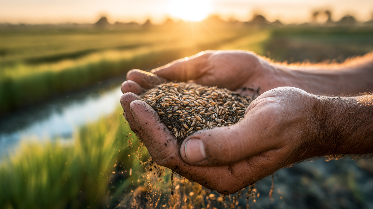 Close-up of farmer’s hands holding soil and wheat grains.