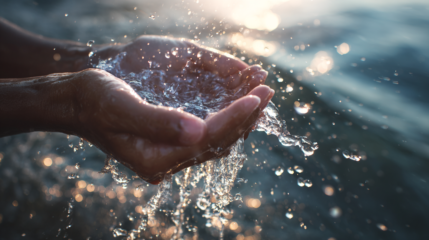 Close-up of cupped hands catching river water.