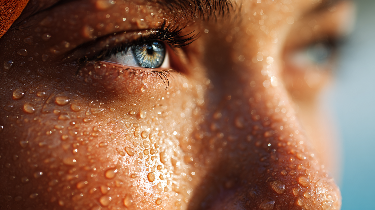 Close-up of sunlit water droplets on skin with tropical tones.