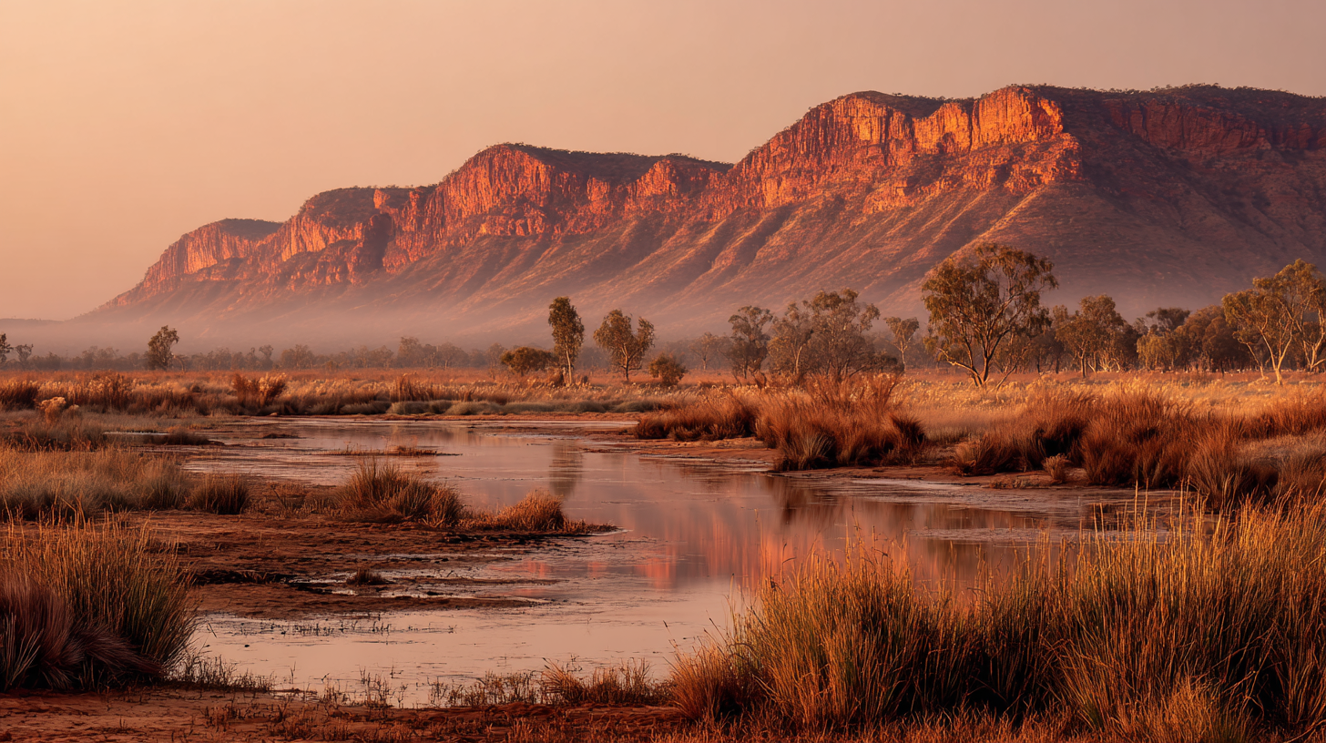 Australia national parks wilderness at dawn, glowing mist over ancient landscapes