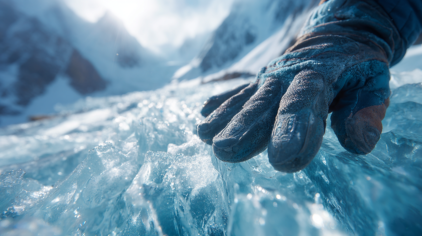Close-up of a mountaineer’s hand touching glacier ice.