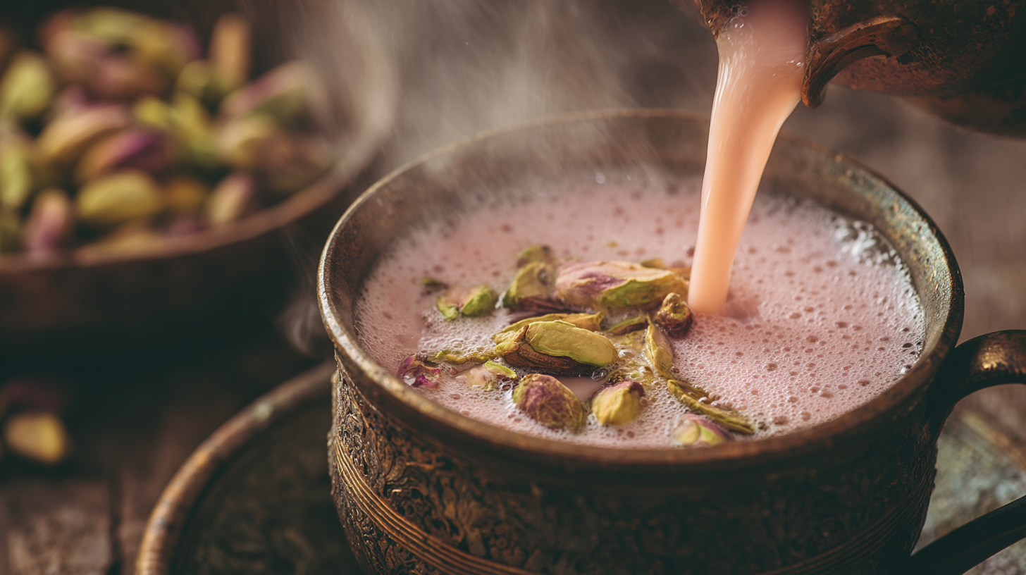 Close-up of Kashmiri pink chai being poured.