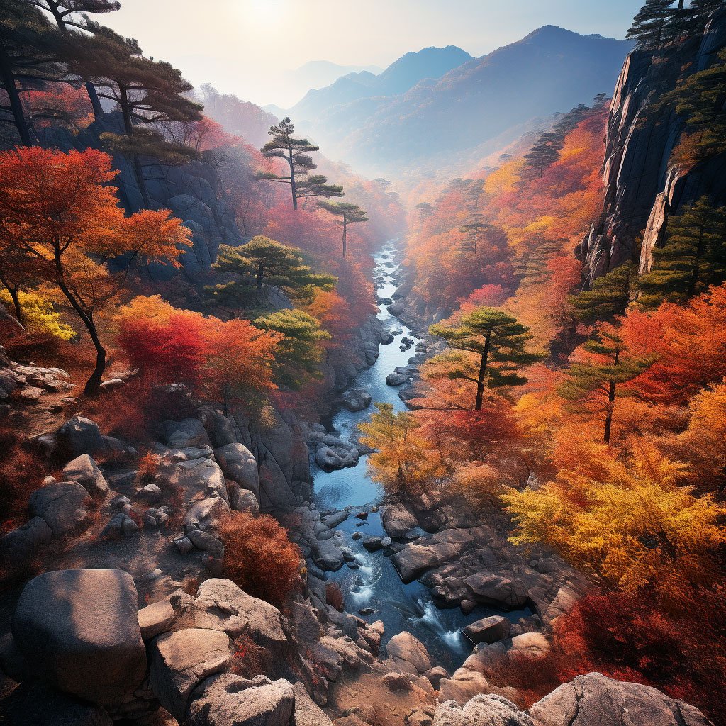 A Korean breathtaking view of a forest blanketed in rich autumn colors.