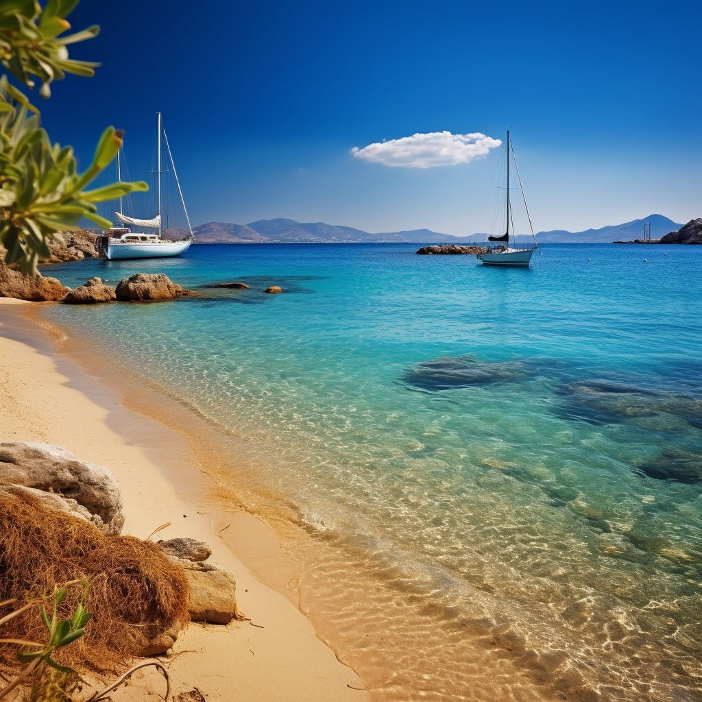 A beach scene in Naxos or Paros, highlighting the serenity of the Cyclades.