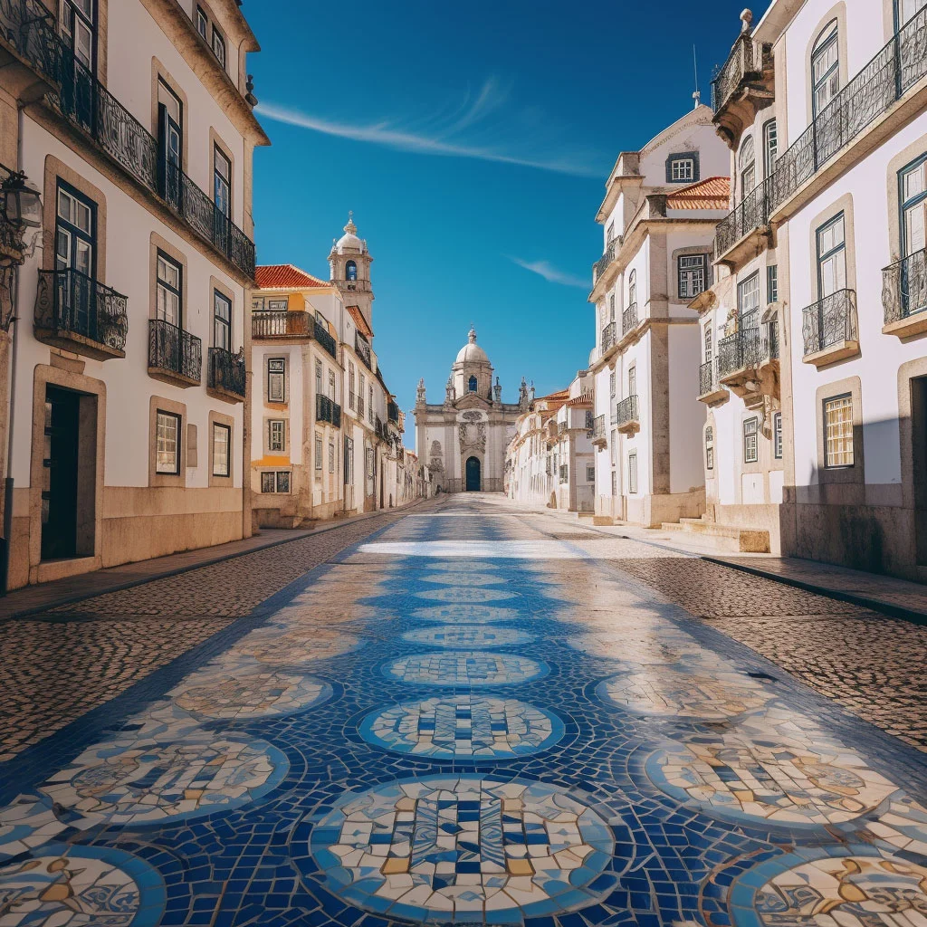 A beautiful, wide-angle shot of a Portuguese cityscape adorned with Azulejos, capturing the essence of Portugal's cultural identity.