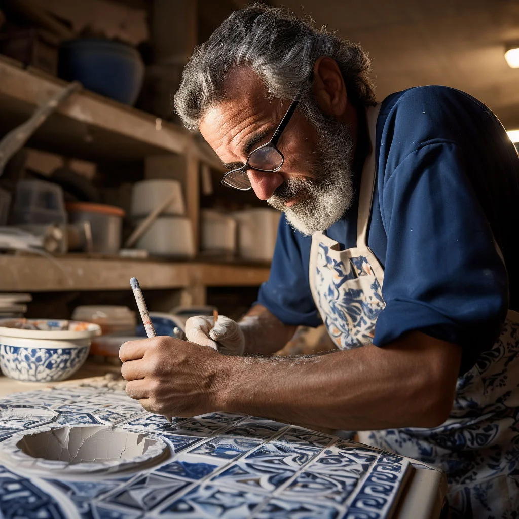 A behind-the-scenes image of an artisan in a tile workshop, painting a tile or firing it in a kiln.