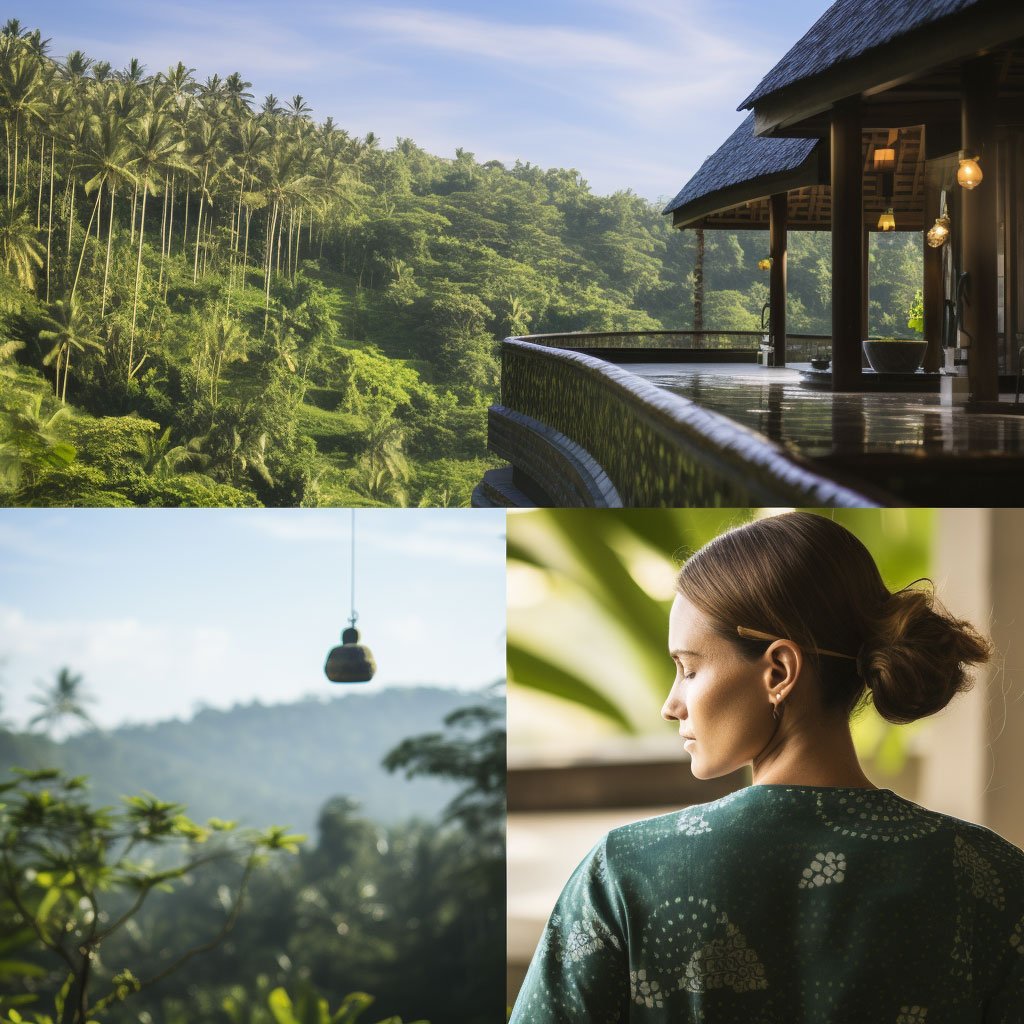 A calming collage featuring a Balinese spa setting with massage stones and natural ingredients, a serene yoga pose in front of Ubud's verdant backdrop, and a relaxing view of a wellness resort nestled in nature.
