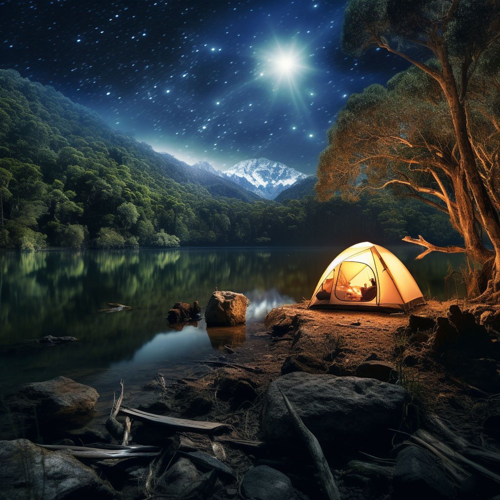 A captivating image showcasing a perfect camping scene - a tent under the stars, surrounded by the natural beauty of the Australian wilderness.