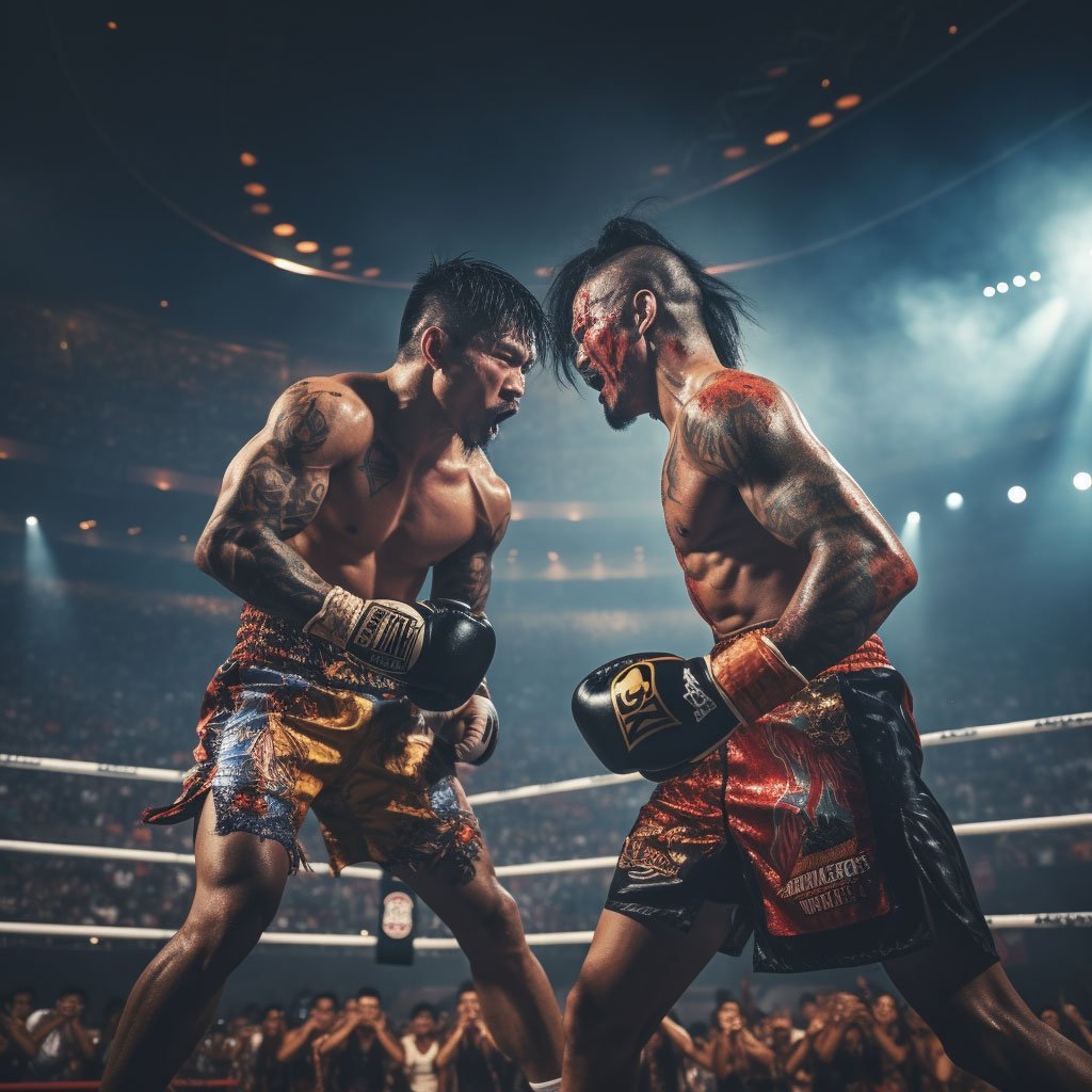 A captivating shot of two Muay Thai fighters in the ring, mid-match, with a roaring crowd in the background.