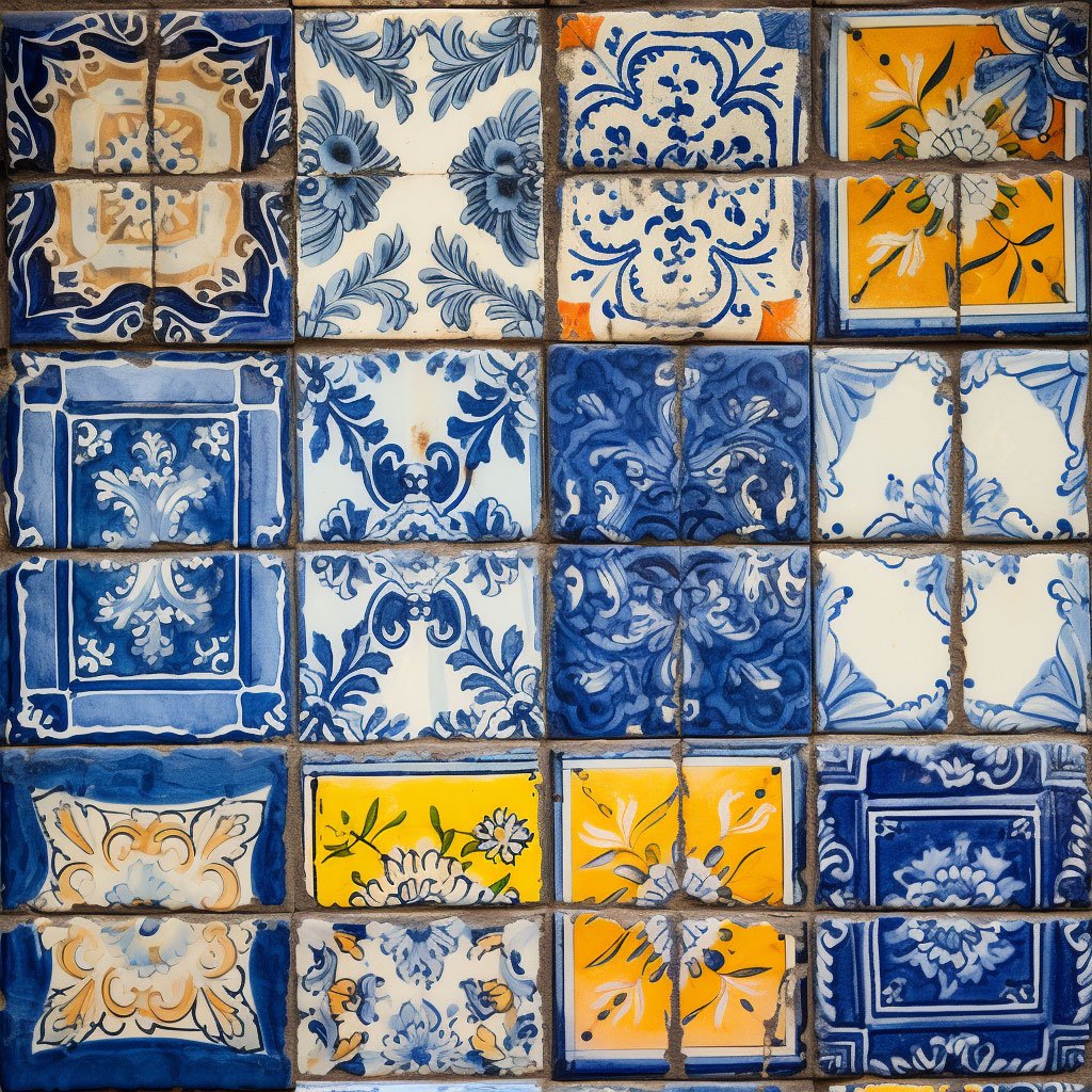 A close-up shot of Azulejos showcasing the intricate patterns and vibrant colors. This could be from a historic building or a modern interpretation of the art form.