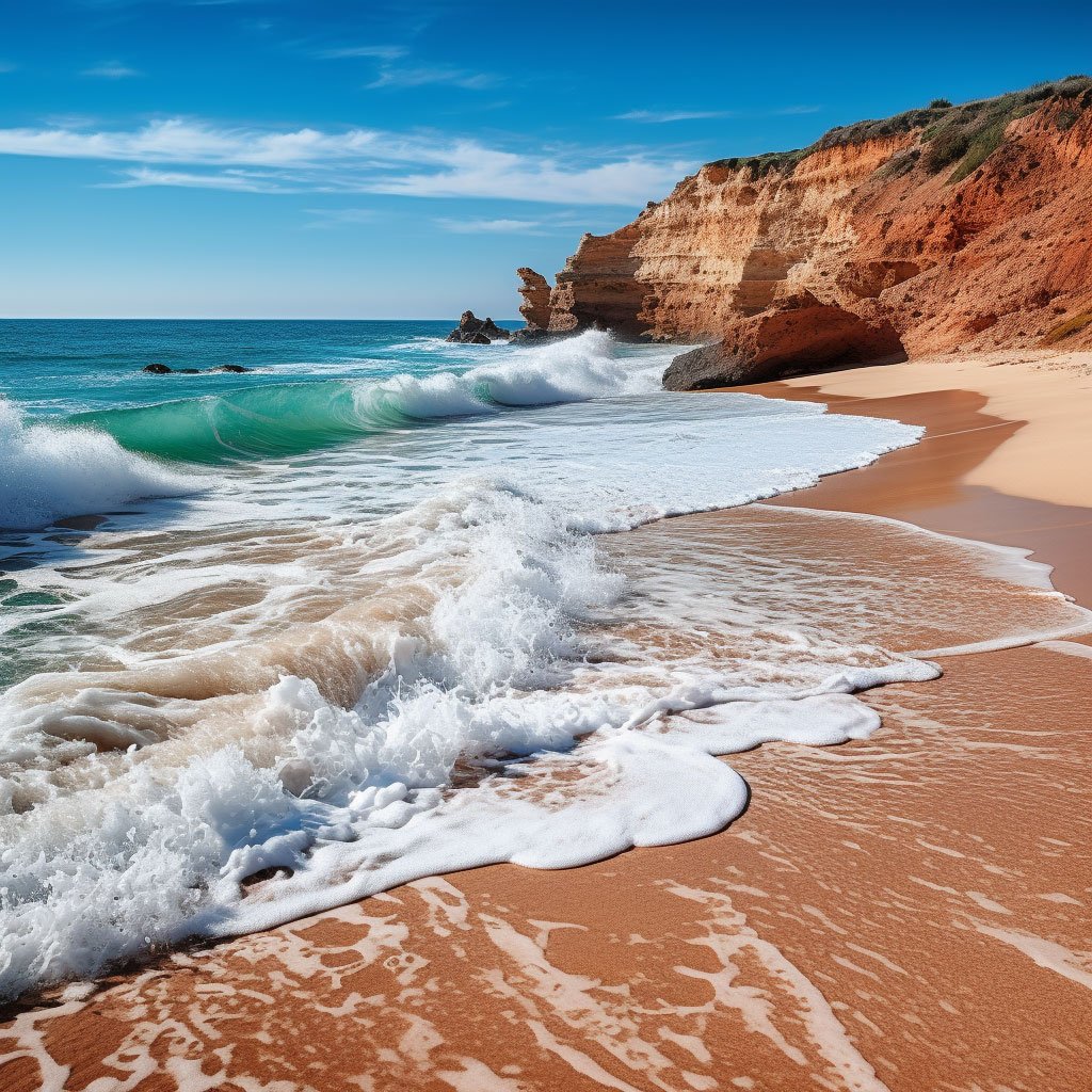 A close-up shot of the sandy beaches of Algarve with the ocean waves lapping at the shore.
