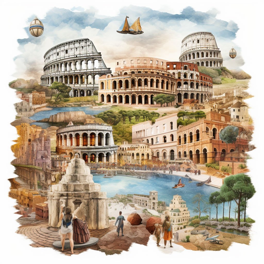 A collage of iconic Italian landmarks:  Colosseum in Rome, the Duomo in Florence, a canal in Venice, a cliffside view of Positano on the Amalfi Coast, and perhaps a vineyard or olive grove to represent Italy's renowned food and wine culture.
