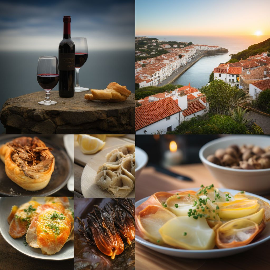 A collage of images featuring different elements of Portuguese cuisine. This could include a pastel de nata, a dish of bacalhau, a bustling food market, and a scenic view of a wine region like Douro Valley or Alentejo.