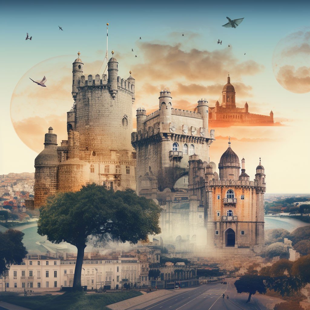A collage of images featuring different historic landmarks in Portugal. This could include the Tower of Belém, the Jerónimos Monastery, and the historic centers of Porto and Guimarães.