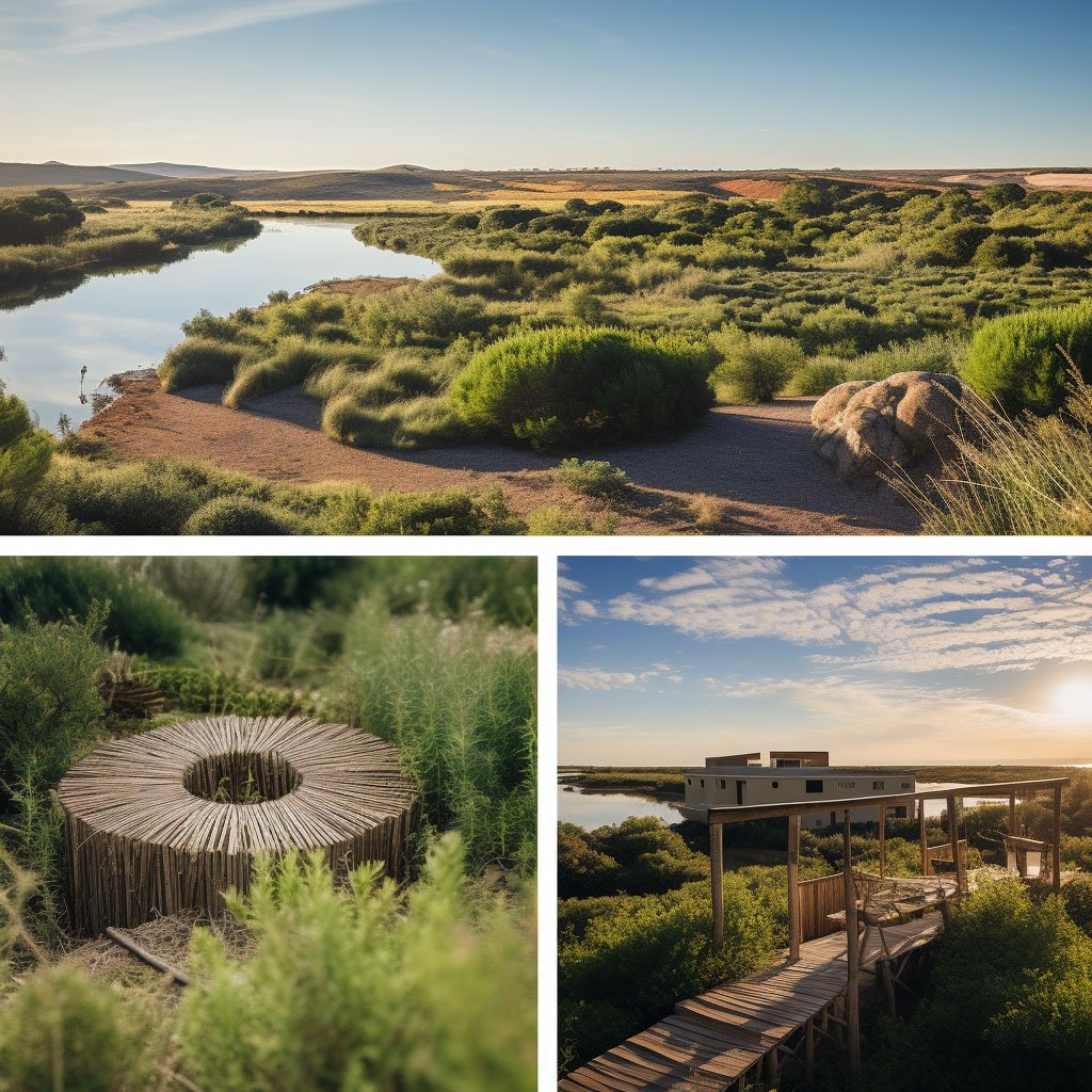 A collage of images showcasing different aspects of Portugal's eco-tourism - a view of the Ria Formosa Natural Park, a sustainable meal, and an eco-friendly accommodation.