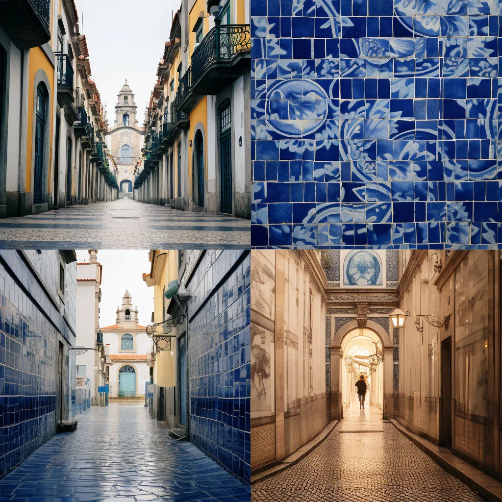 A collage of images showing Azulejos in various settings, from city streets to private homes and churches.
