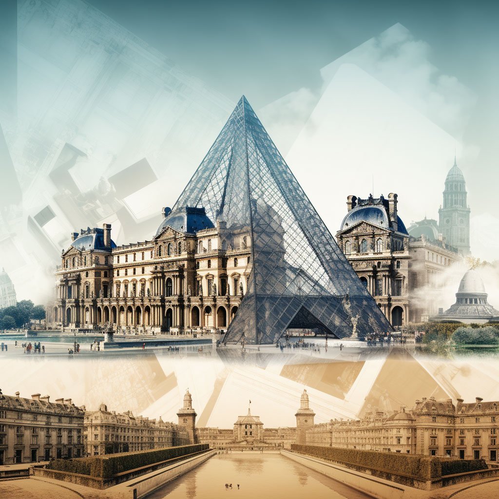 A collage of the French landmarks Mont Saint-Michel, Palace of Versailles, Louvre Museum, Eiffel Tower