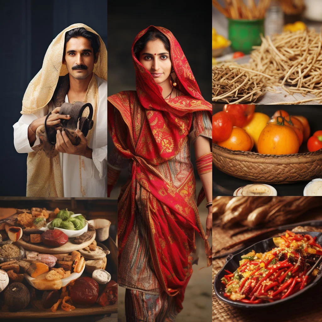 A collage of various Pakistani cultural elements such as traditional clothing, food, music, and festivals.