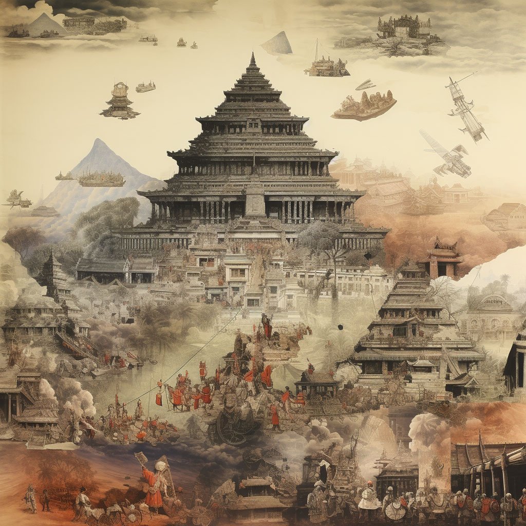 A collage or montage of images representing different periods in Indonesia's history, from ancient times to the modern era.