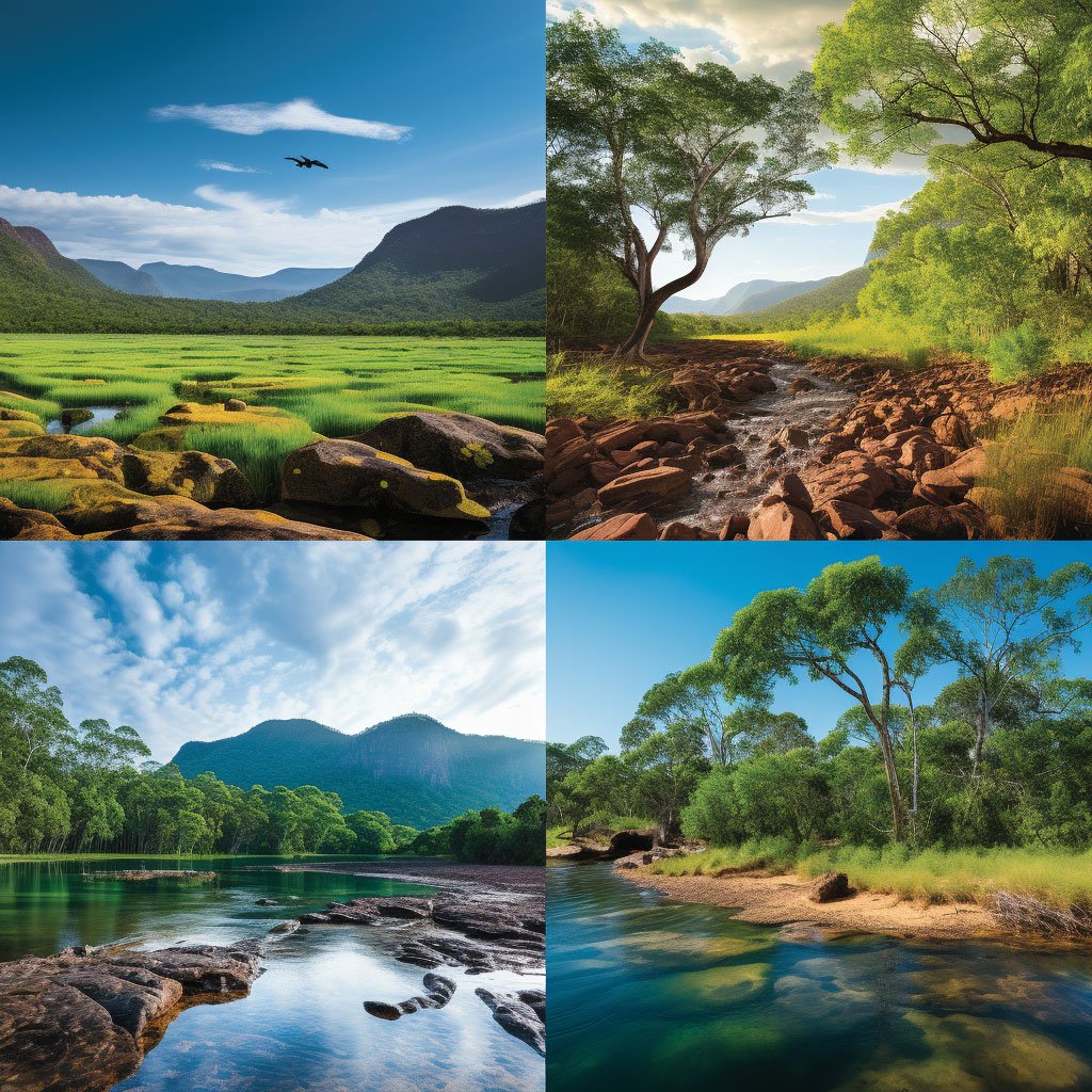A collage showcasing iconic images from each park: Kakadu's sprawling wetlands, Daintree's lush rainforest canopy, and Great Otway's rugged coastline. This vibrant visual representation invites readers to delve into the diverse landscapes and rich biodiversity of Australia's national parks.