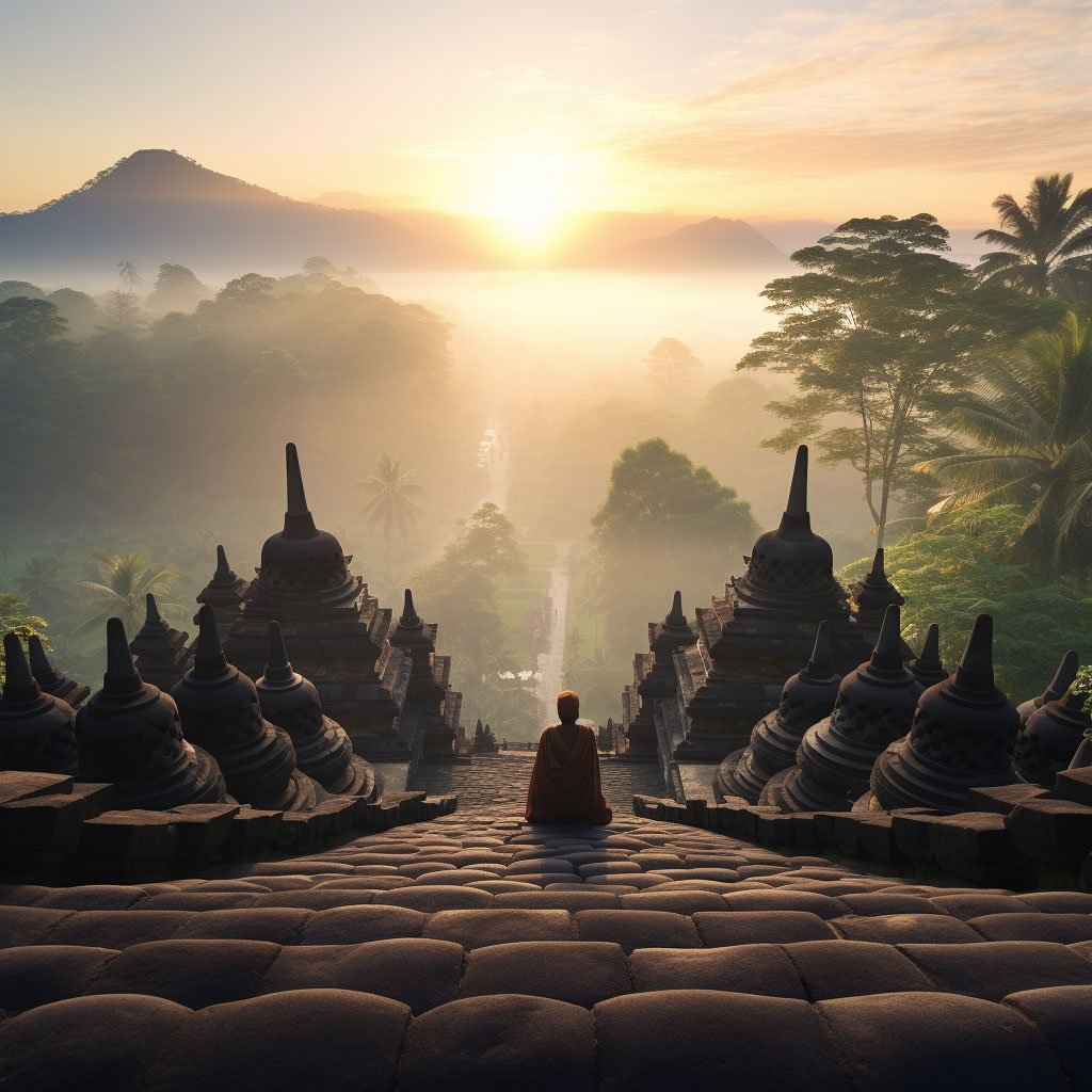 A compelling montage capturing the essence of each faith: the spiritual serenity of Pura Besakih in Bali and the grandeur of Borobudur Temple at sunrise.