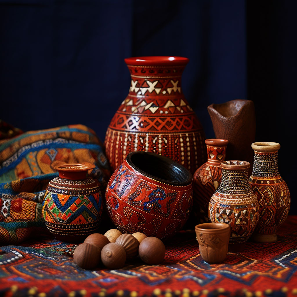 A composition of different Pakistani crafts, including Multani pottery, Sindhi ajrak, Balochi embroidery, and Swati woodwork. 