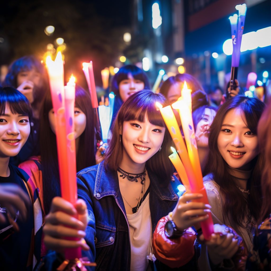 A diverse group of K-pop fans holding light sticks.
