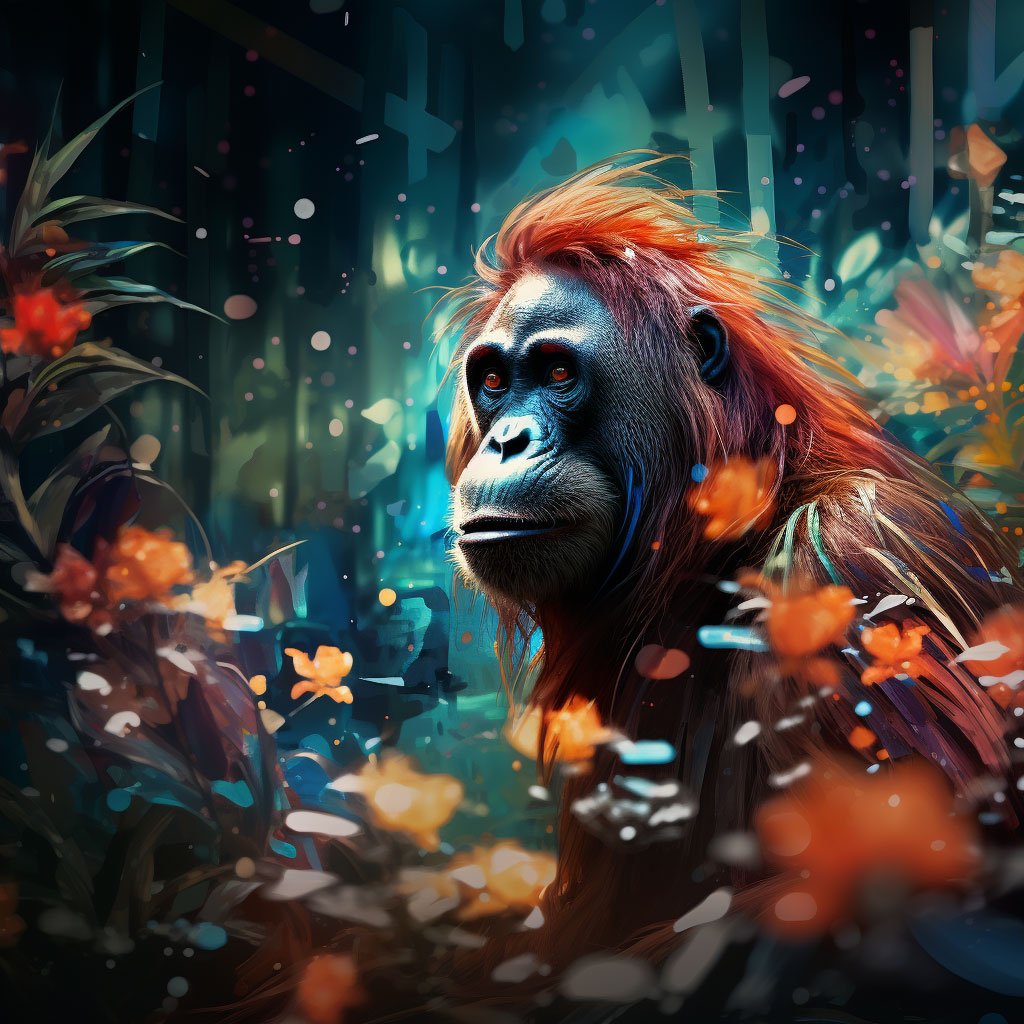 A dynamic snapshot capturing a curious orangutan in the lush Borneo forest, complemented by a backdrop featuring a silhouette of Komodo Island and an abstract, colorful representation of a Bird of Paradise. 