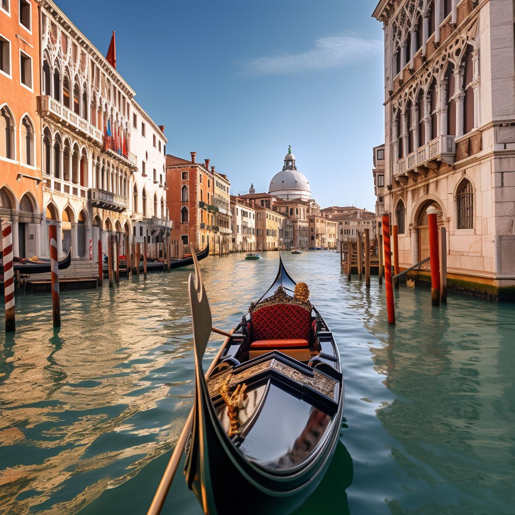 A gondola ride on the Grand Canal, capturing the historic buildings lining the waterway.