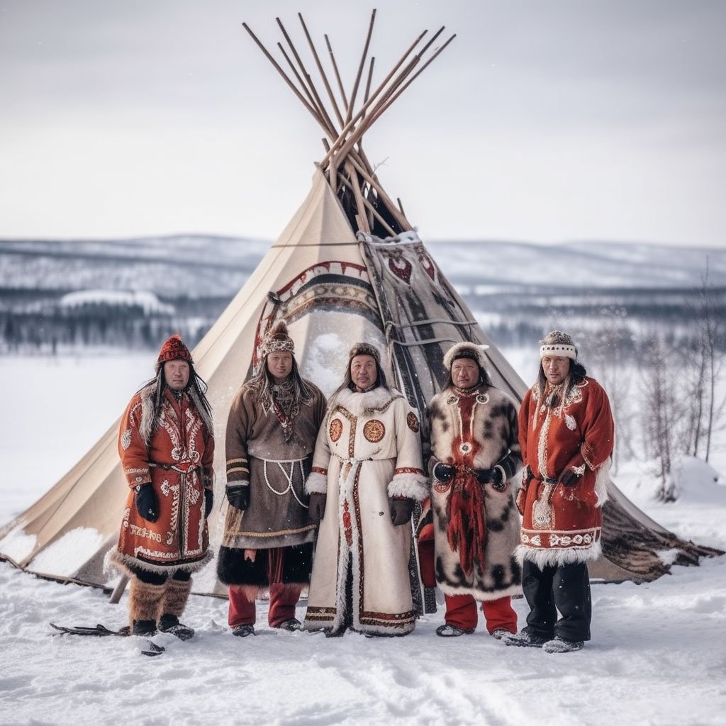 A group of Sámi people in traditional garb standing in front of a Lavvu (traditional Sámi tent) in the snowy landscapes of Norway.