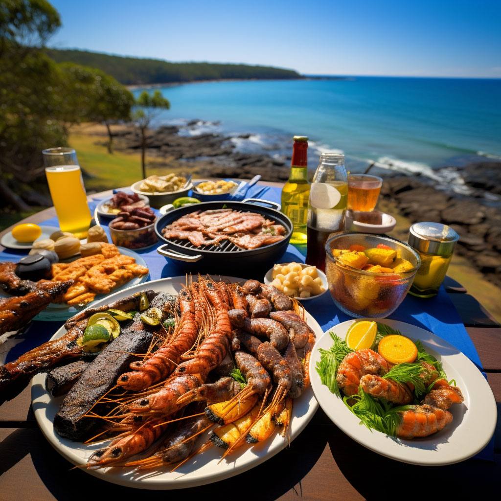 A high-resolution photograph capturing a typical Australian barbecue scene - an assortment of deliciously grilled meats and seafood, vibrant salads, a jar of Vegemite, and glasses of local brew, set against the backdrop of a picturesque Australian landscape, either a beach or a backyard with the azure sky in view. 