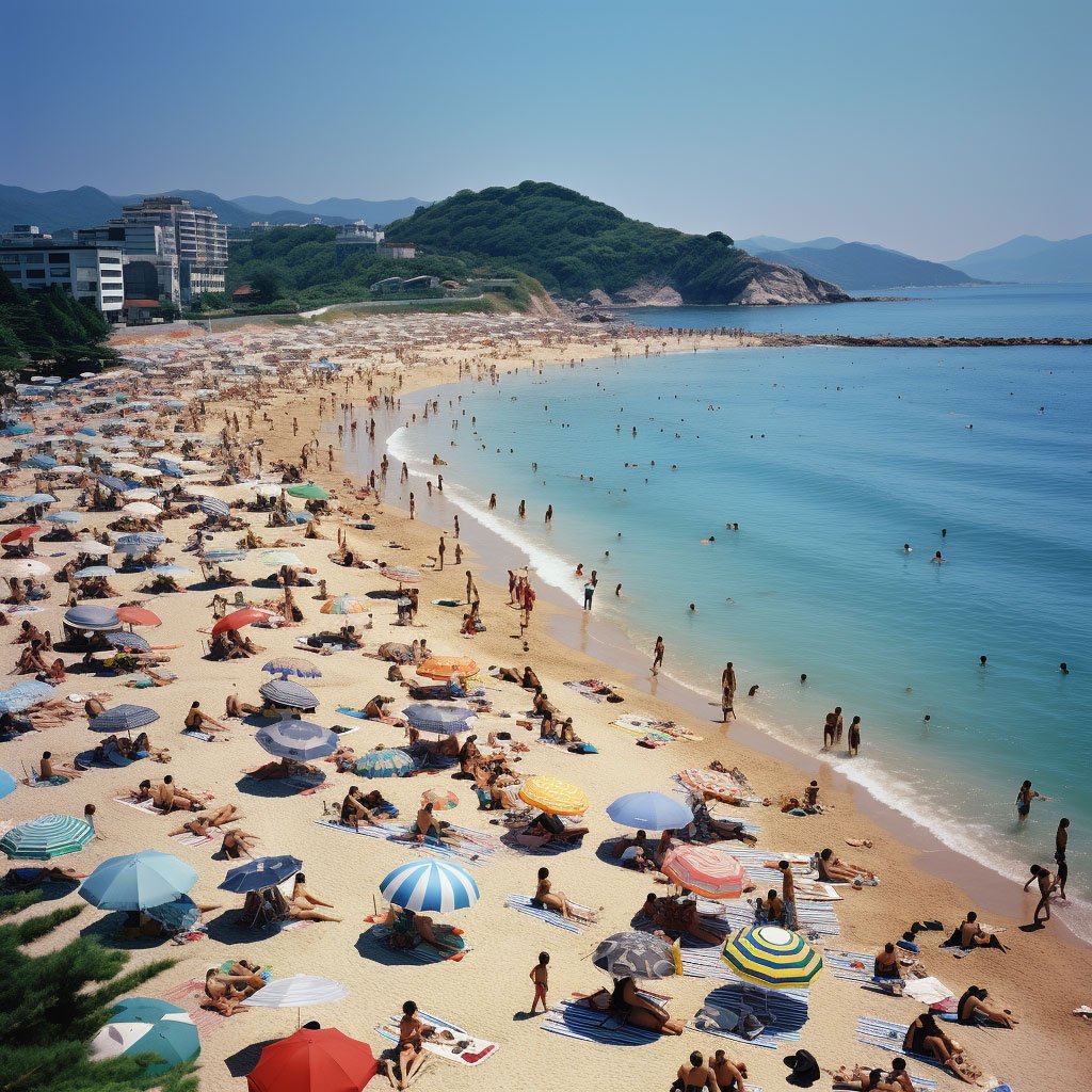 A lively Korean beach photo with sunbathers, parasols and sea