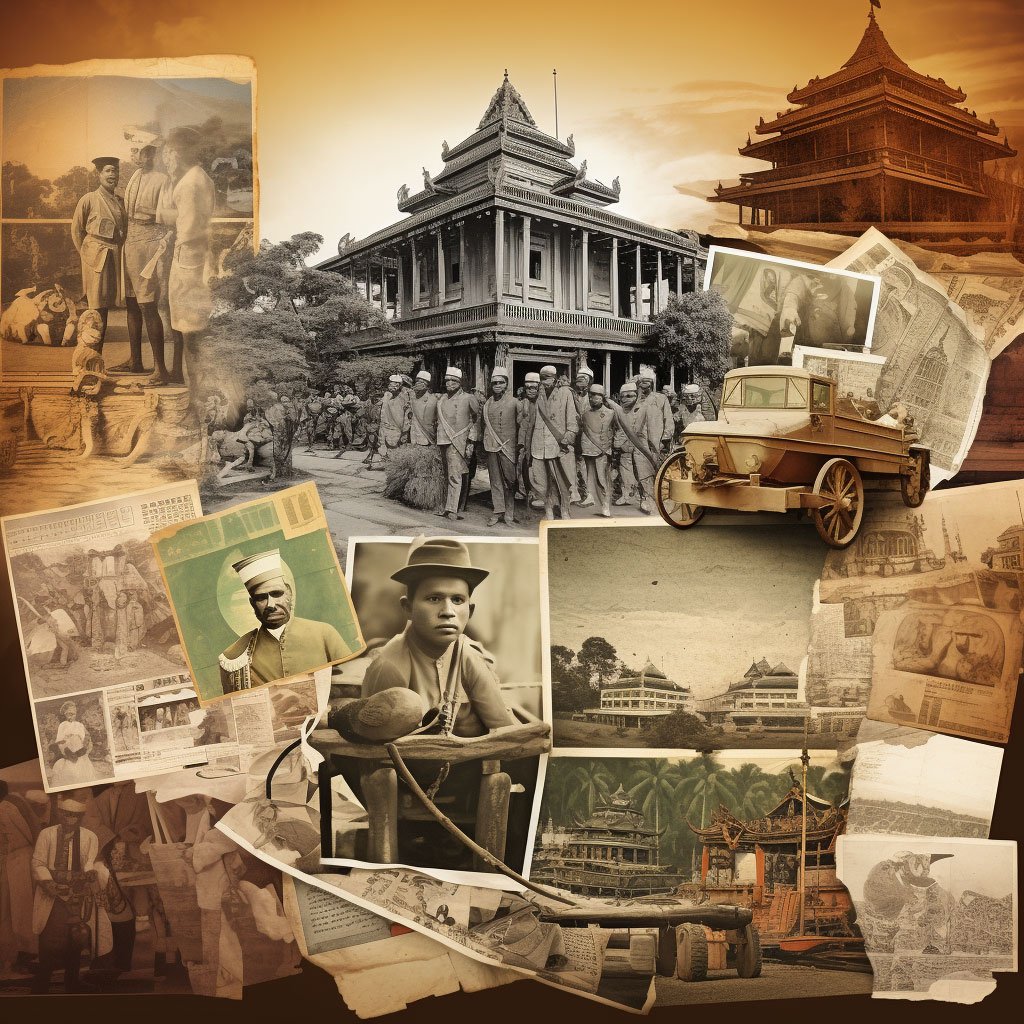 A montage or collage of several historical photos or artifacts representing different eras of Indonesian history. This could include ancient artifacts, colonial-era buildings, and images from the independence movement.