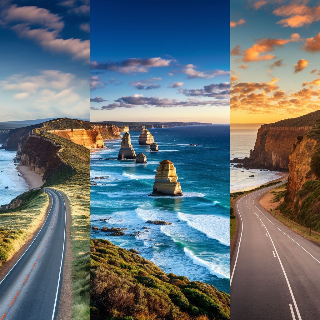 A panoramic image capturing three key elements from each journey: the iconic limestone stacks of the Twelve Apostles along the Great Ocean Road, the stark and endless horizon of the Nullarbor Plain, and the pristine beauty of Wineglass Bay in Tasmania. This collage would encapsulate the thrilling spirit of an Australian road trip.