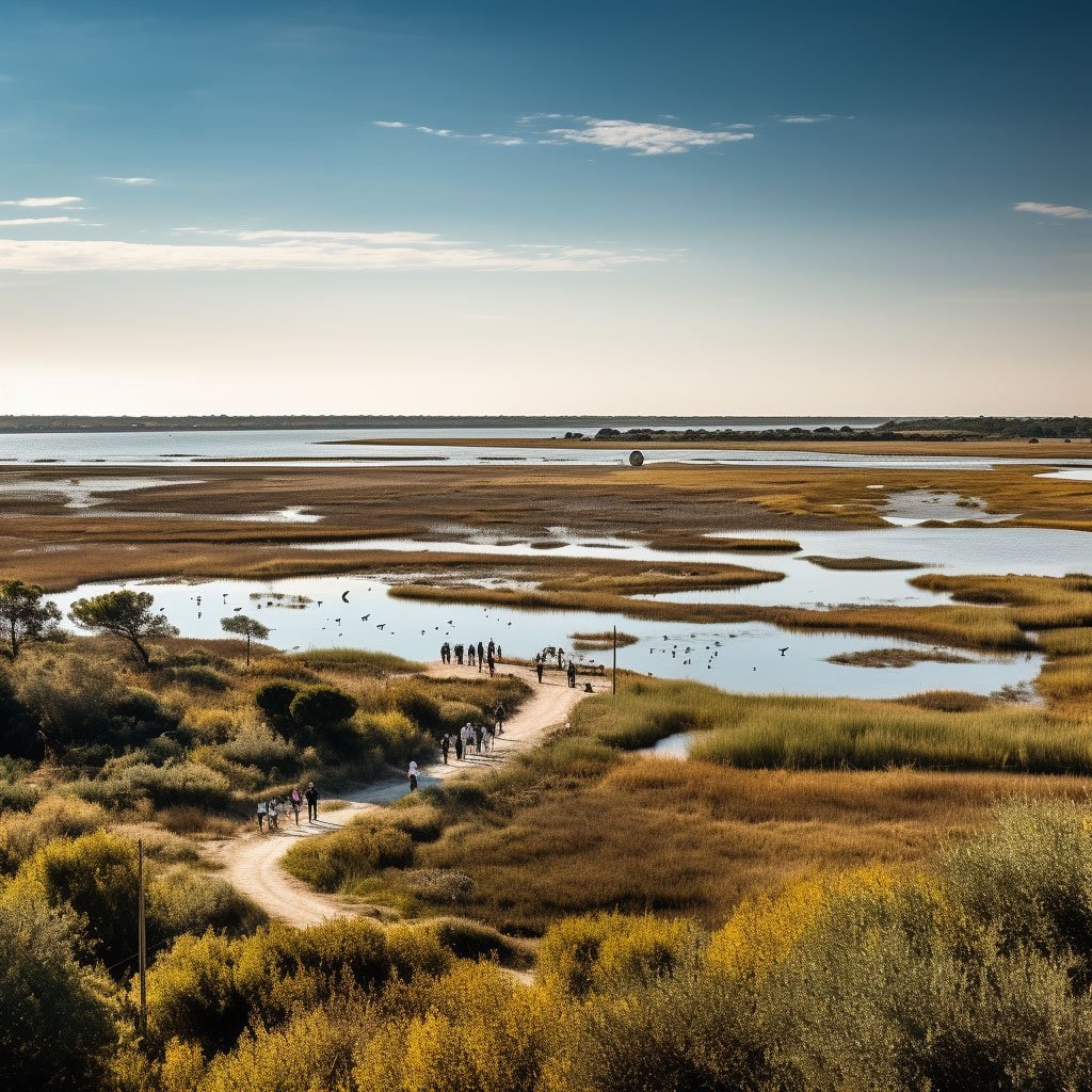 A panoramic shot of the Ria Formosa Natural Park, showcasing its beautiful landscapes and diverse wildlife.