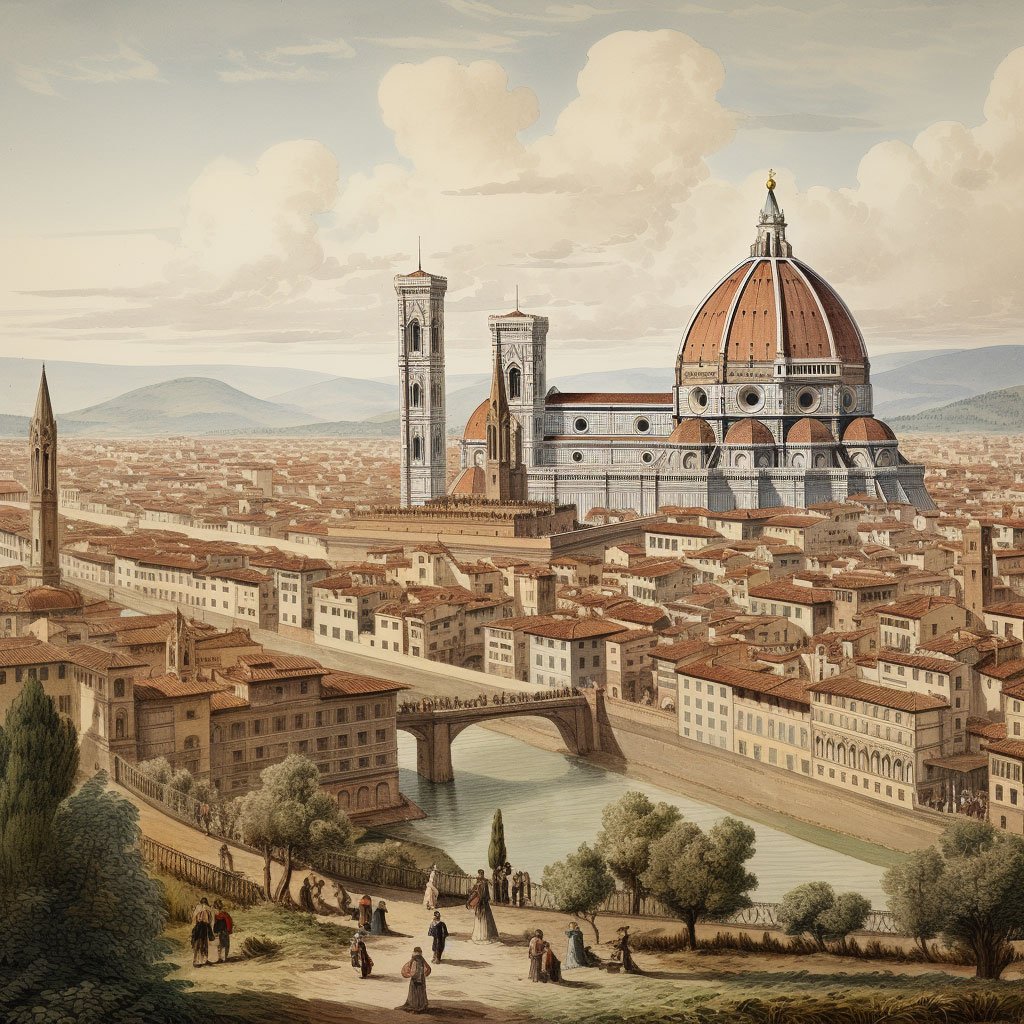 A panoramic view of Florence with the Duomo in the foreground.