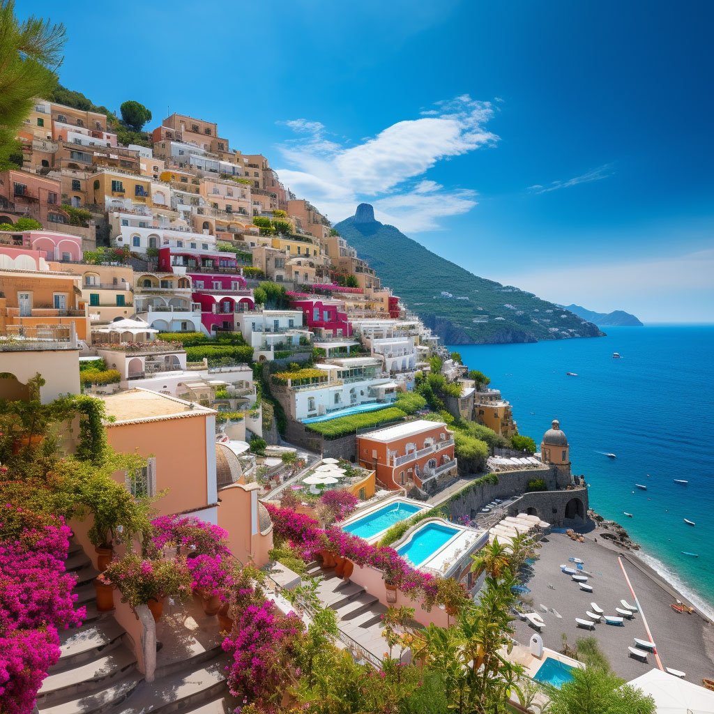 A panoramic view of Positano with its colorful houses.