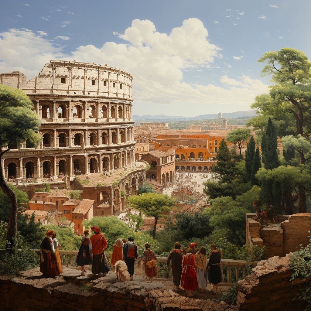 A panoramic view of Rome with the Colosseum in the foreground.