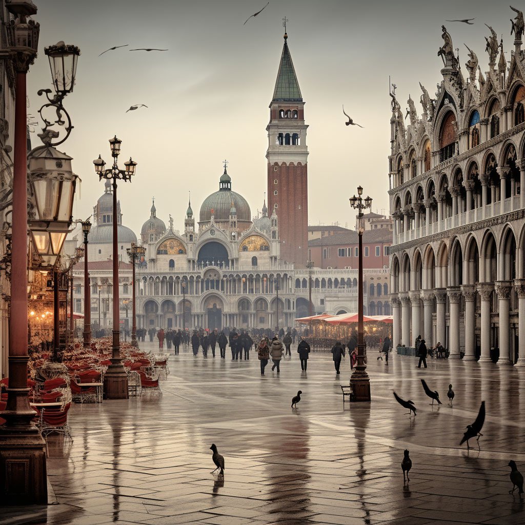 A panoramic view of St. Mark’s Square with the Basilica and Campanile in the background.