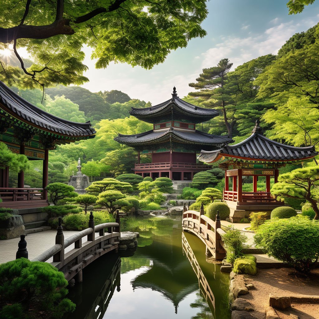 A panoramic view of a Korean temple stay, showcasing the temple's traditional architecture amidst a lush, green landscape.