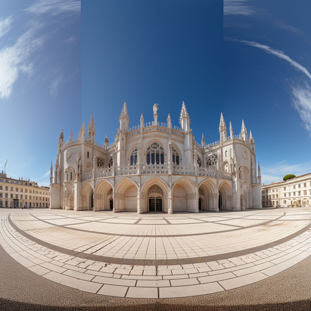 A panoramic view of the Jerónimos Monastery in Lisbon, a prime example of Manueline architecture. 