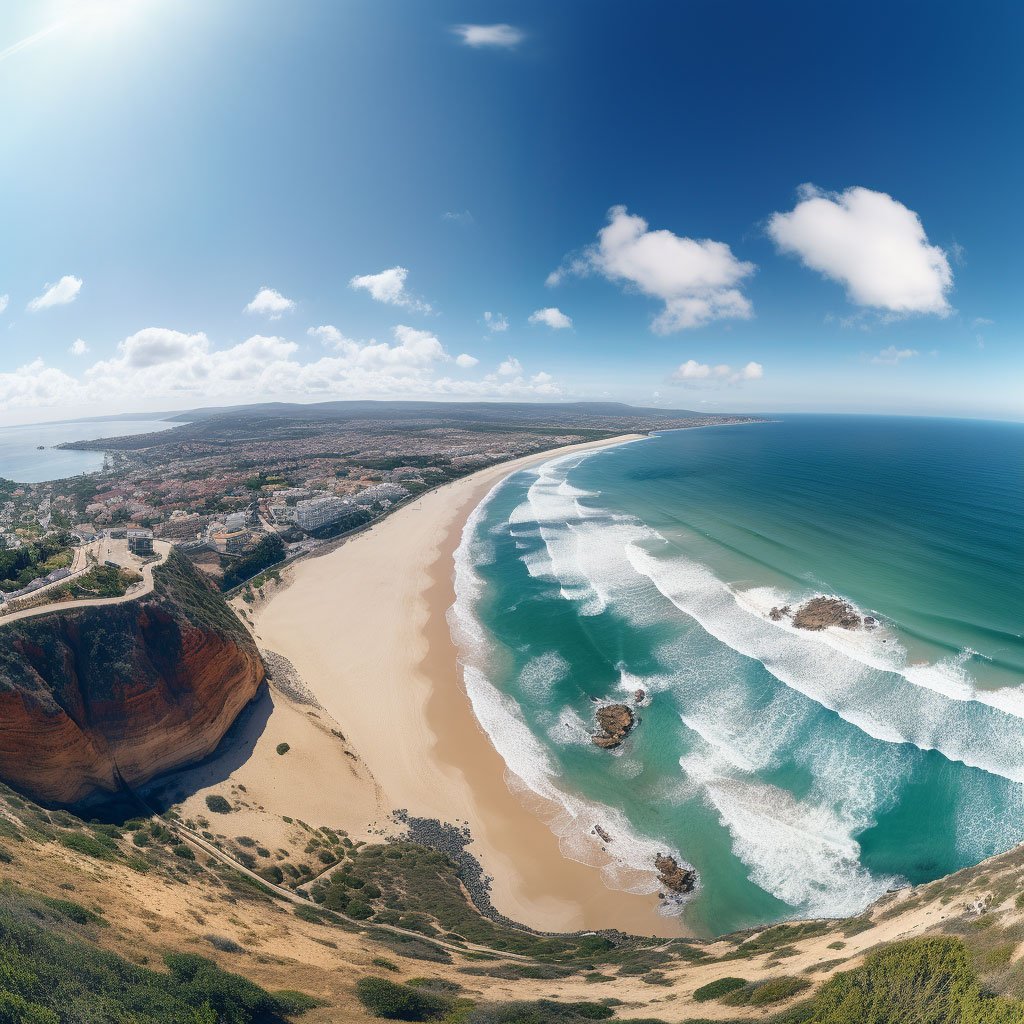 A panoramic view of the coastline of Portugal, capturing the beauty of the country's beaches and the vastness of the Atlantic Ocean.