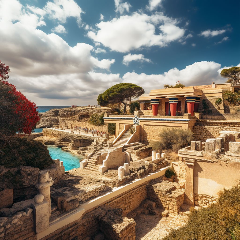 A photo of the Palace of Knossos in Crete, highlighting the birthplace of Zeus.