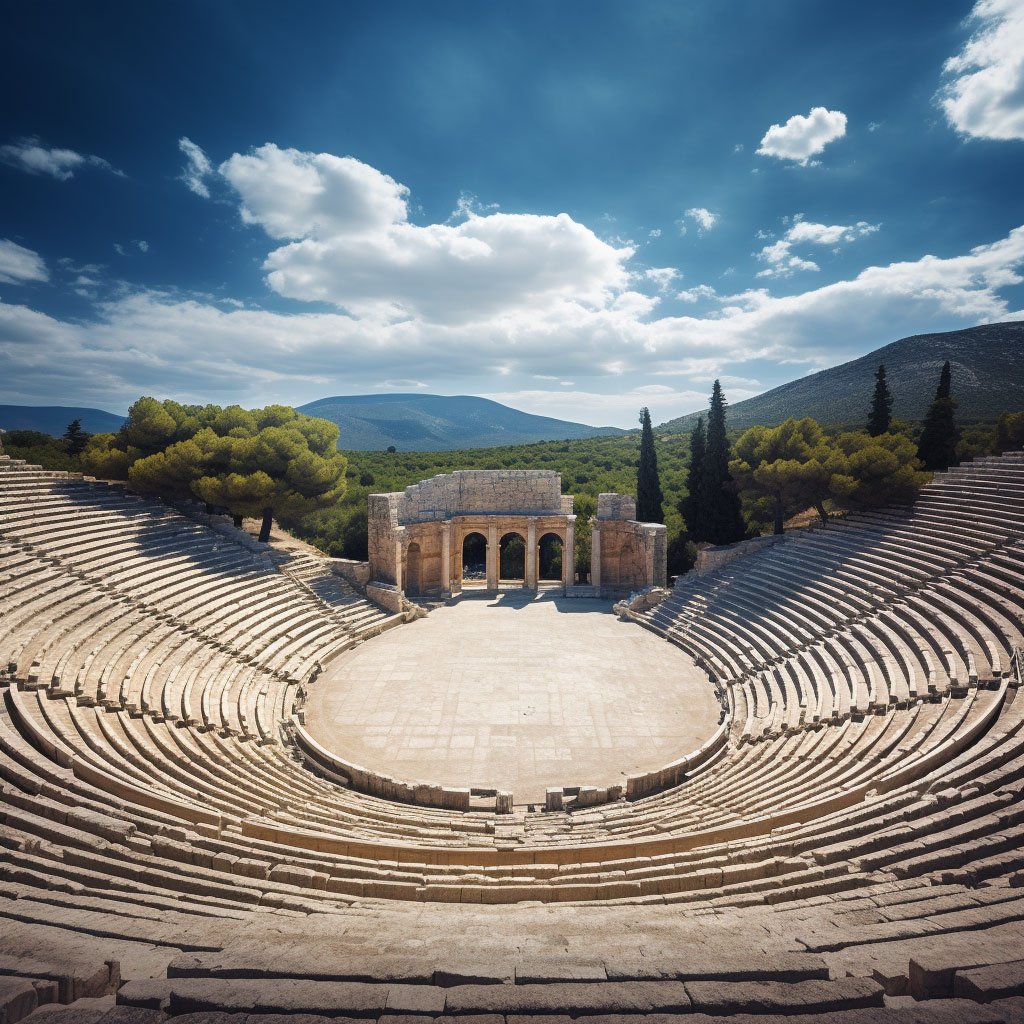 A photo of the ancient theater of Epidaurus, showcasing its well-preserved structure.