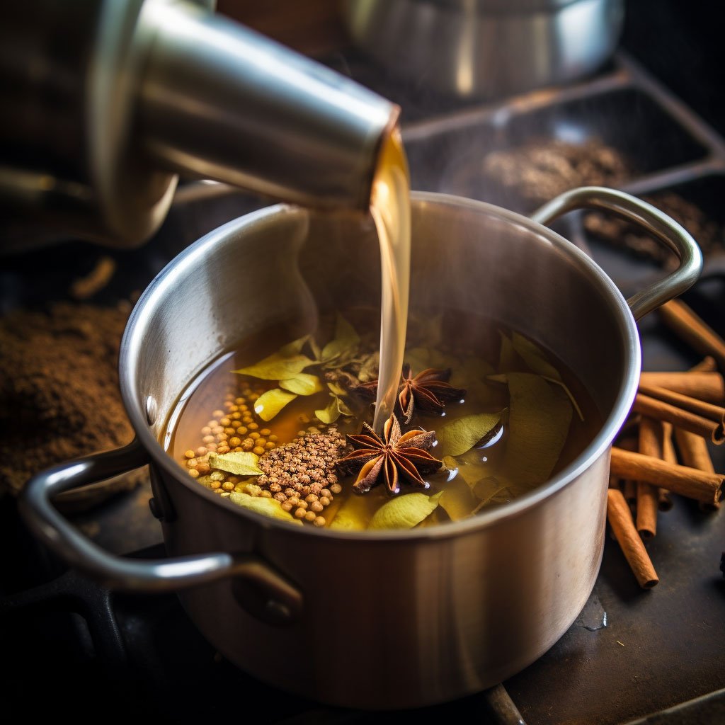 A picture of Masala chai being brewed, with visible spices like ginger, cardamom, cinnamon, and cloves.